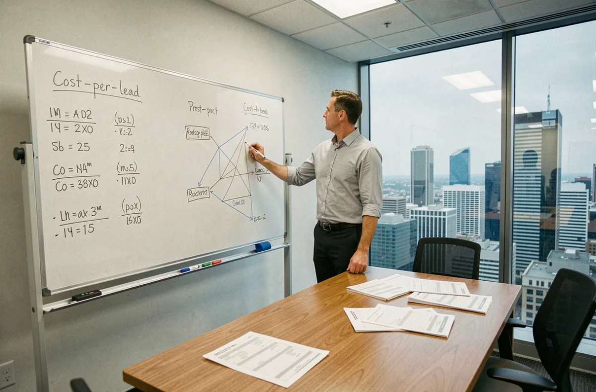 Consultant marketing debout devant un tableau blanc avec des calculs de coût par prospect qualifié lors d'une réunion stratégique