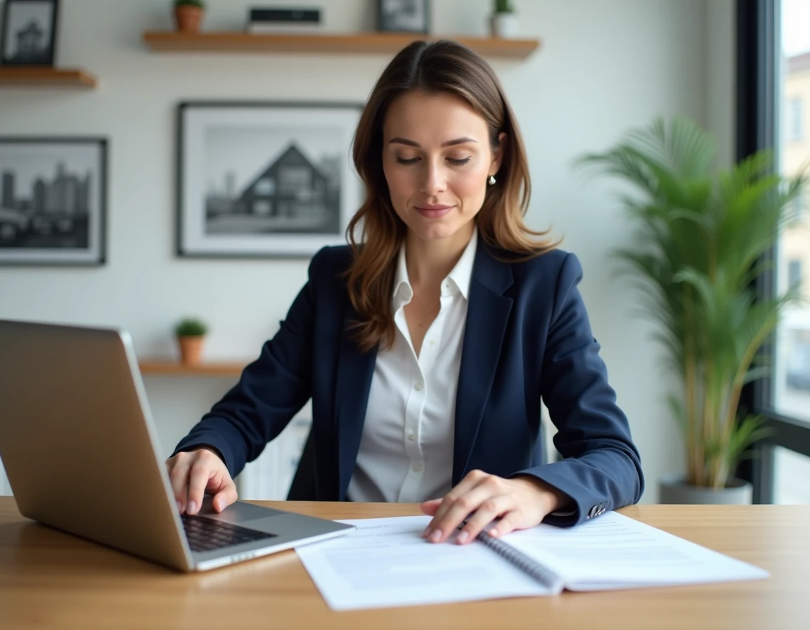 Femme consultant un contrat d'assurance décennale dans un bureau immobilier moderne