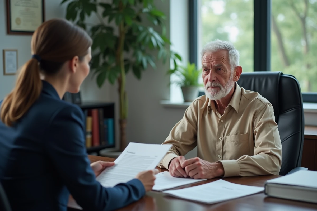 Personne âgée consultant une avocate spécialisée en protection juridique dans un bureau professionnel