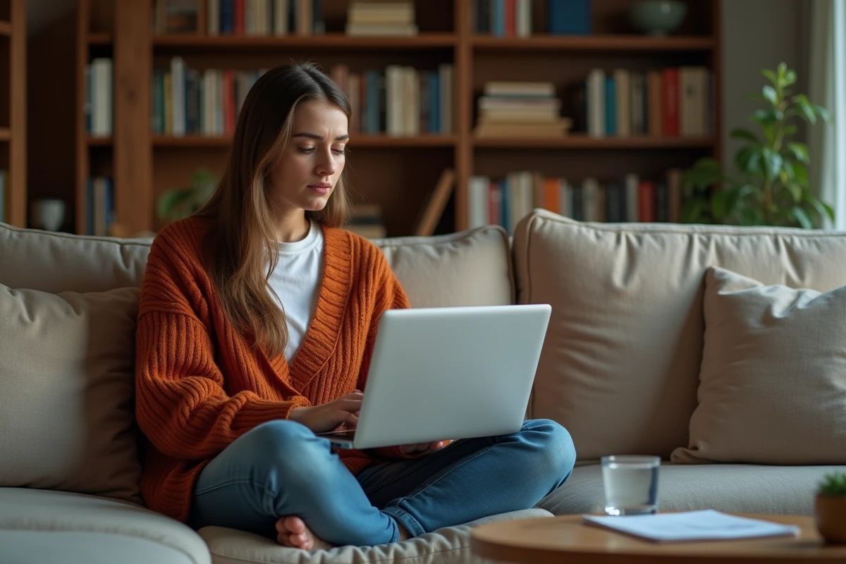 Jeune femme consultant sa déclaration préremplie case 2BH sur son ordinateur portable