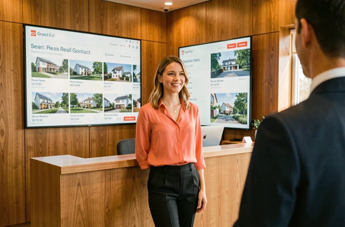 Conseillère Contact Immo accueillant un client dans une agence avec mur d'annonces immobilières du Grand Est