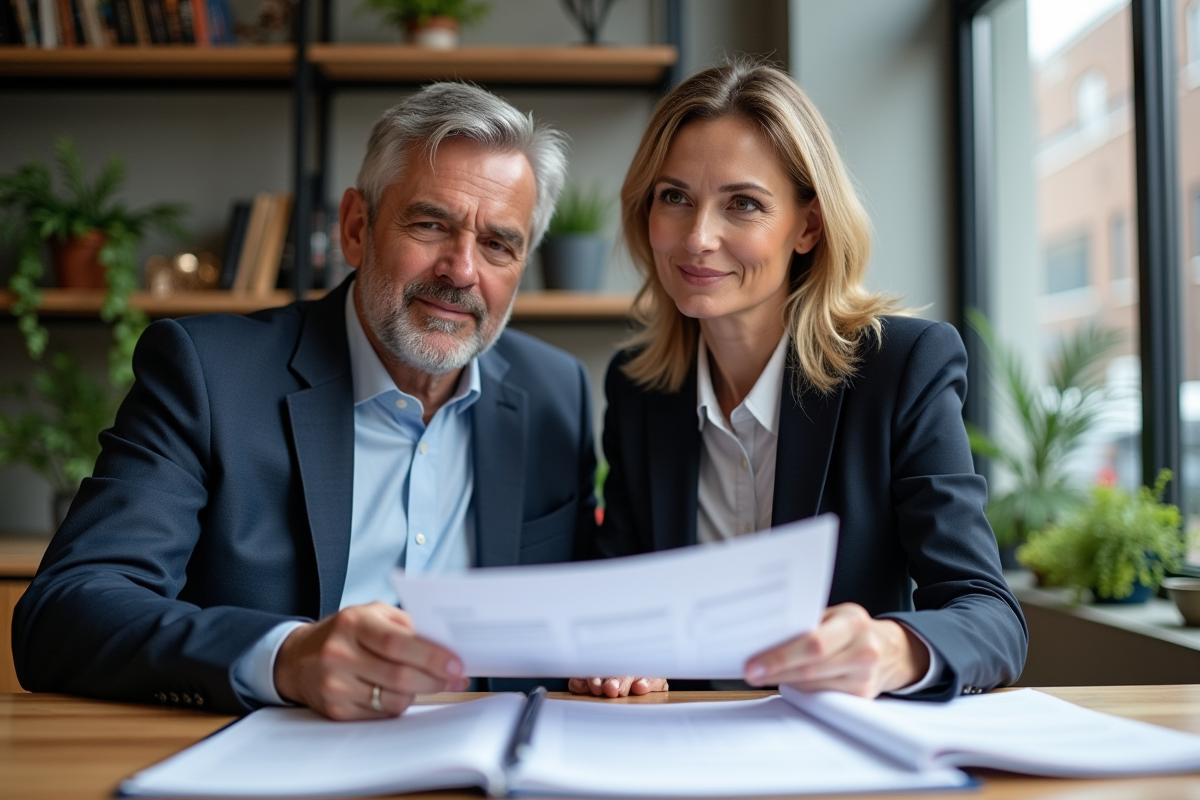 Couple d'affaires examinant des documents immobiliers dans un bureau
