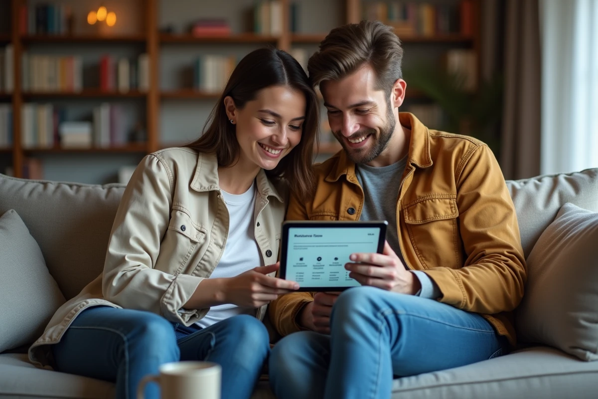 Couple consultant l'application bancaire Société Générale sur tablette à domicile