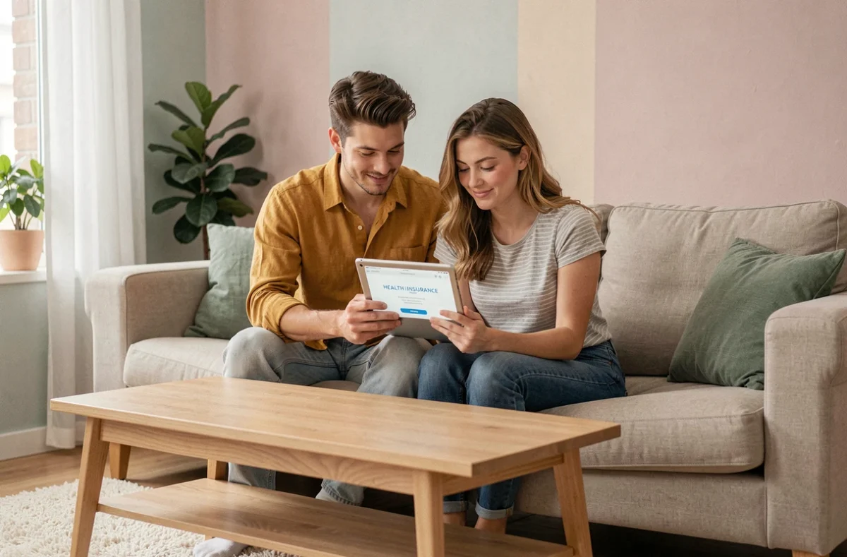 Jeune couple comparant des offres de mutuelle santé sur tablette dans leur salon