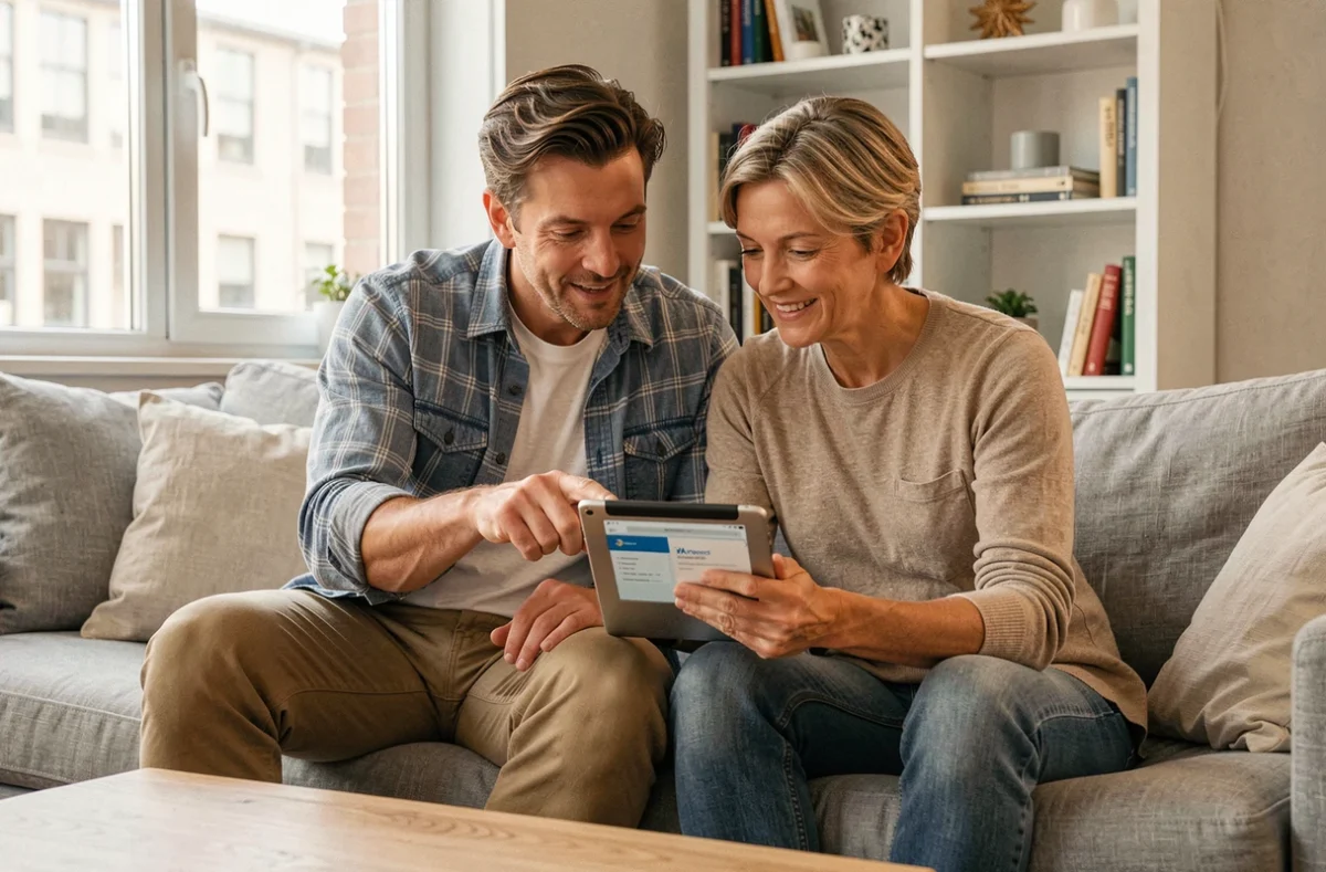 Couple consultant ensemble l'application Ma Banque sur une tablette dans leur salon, illustrant la gestion bancaire en ligne en famille