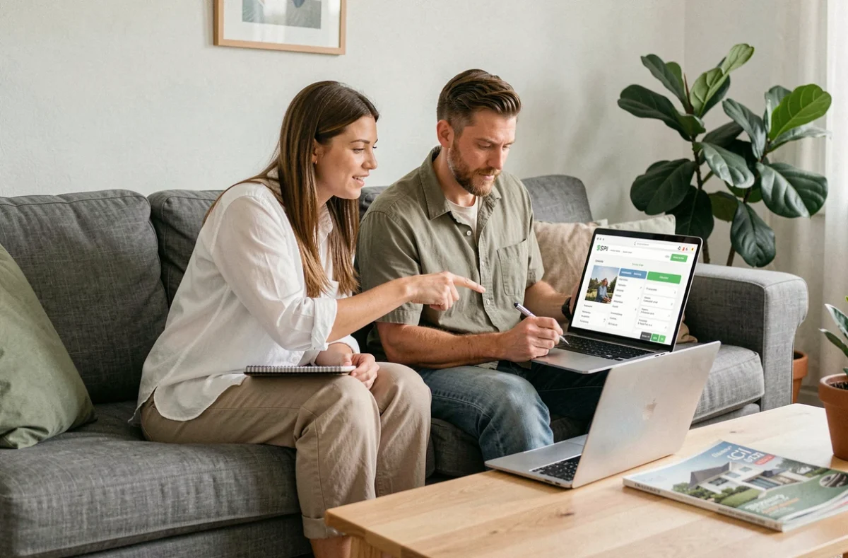 Couple consultant une plateforme de souscription SCPI sur ordinateur portable dans leur salon