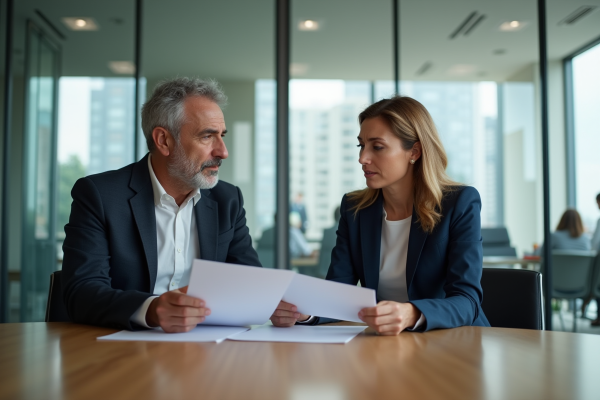 Couple d'adultes sérieux examinant un contrat de prêt bancaire
