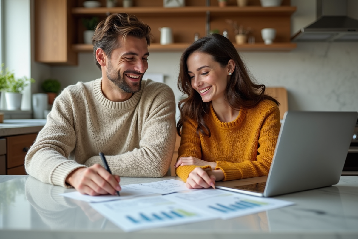 Jeune couple discutant de finances à la cuisine avec documents et ordinateur