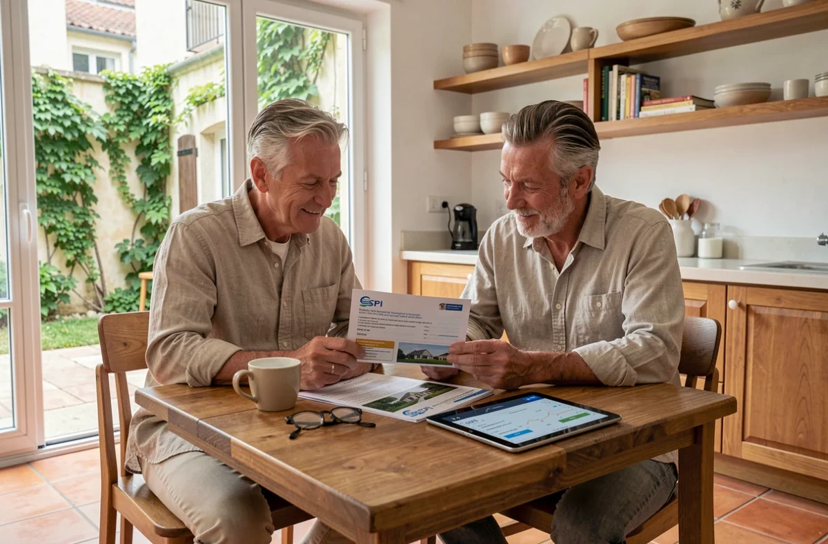 Couple de particuliers consultant un dossier d'investissement SCPI Accimmo Pierre à domicile pour préparer leur épargne immobilière