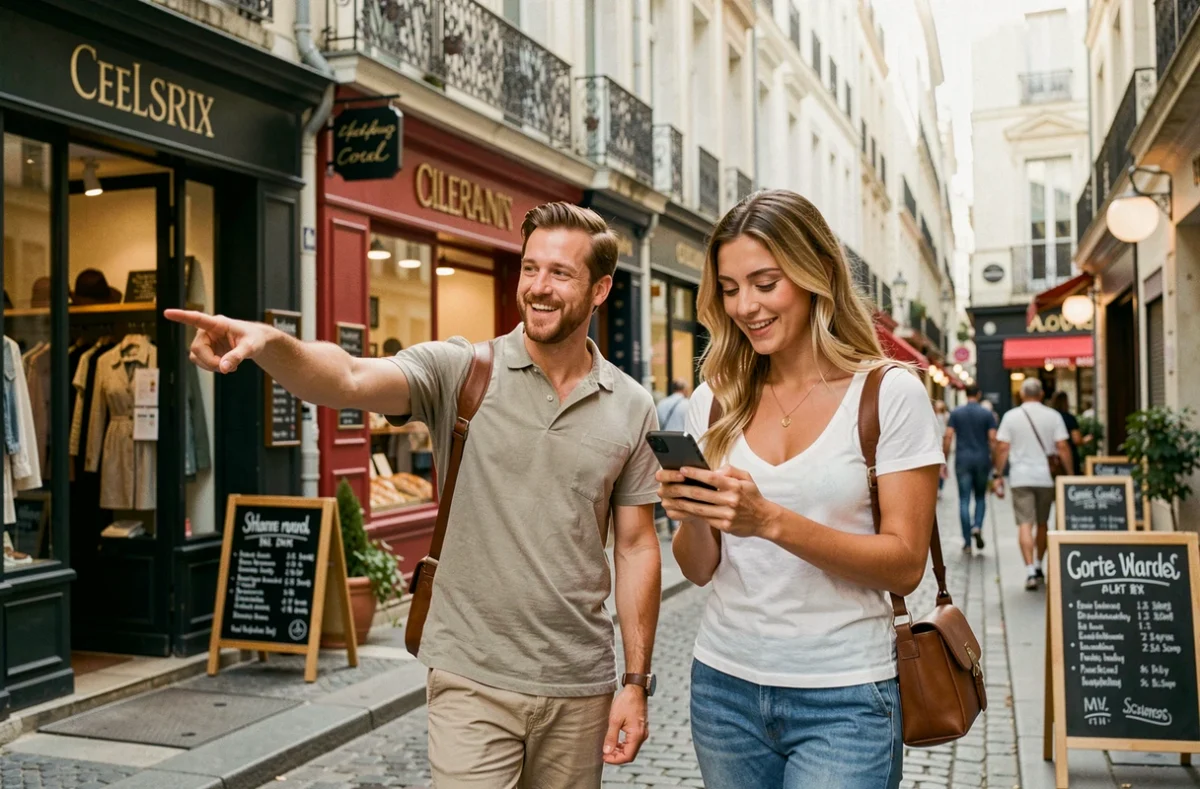 Couple se promenant dans une rue commerçante européenne en consultant un guide local sur smartphone devant des boutiques indépendantes