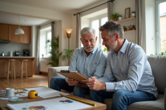 Couple d'âge moyen examinant des plans de rénovation dans leur salon