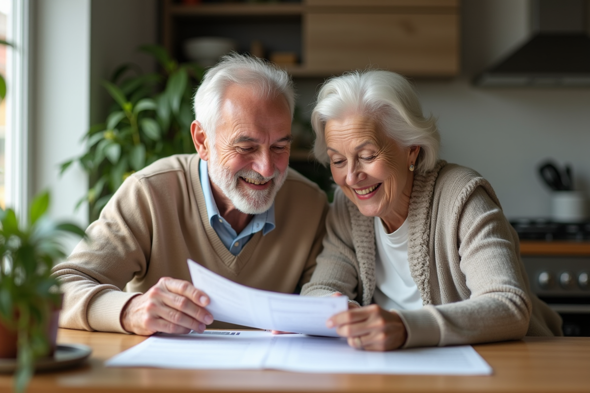 Couple senior souriant examinant des documents à la maison