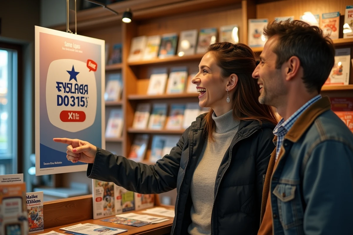 Couple dans un bureau de tabac français discutant du tableau des gains EuroMillions Etoile Plus affiché au mur