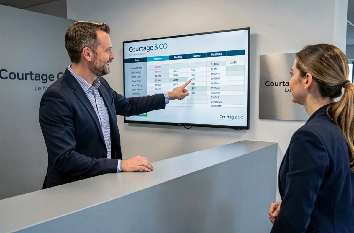 Courtier Courtage & CO Le Mans présentant un plan de financement immobilier à un client sur écran mural