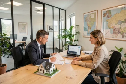 Scène de consultation dans une agence de courtage en crédit immobilier dans l'Ain, avec un courtier et des clients examinant des documents de prêt immobilier