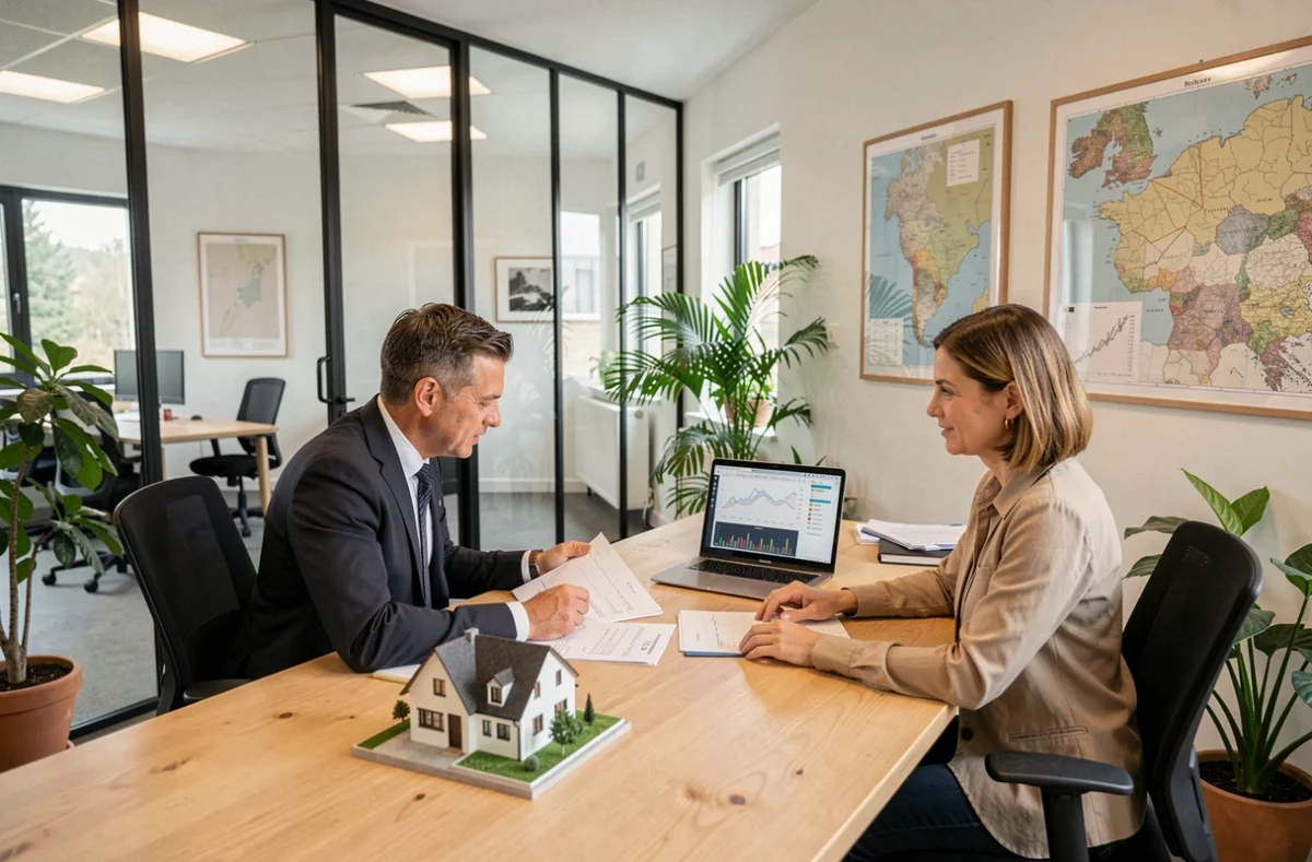 Scène de consultation dans une agence de courtage en crédit immobilier dans l'Ain, avec un courtier et des clients examinant des documents de prêt immobilier