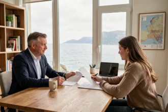 Courtier en crédit immobilier dans le Finistère conseillant un couple sur un prêt immobilier dans un bureau moderne