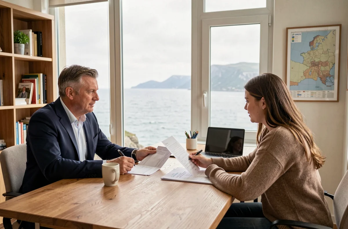 Courtier en crédit immobilier dans le Finistère conseillant un couple sur un prêt immobilier dans un bureau moderne