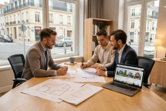 Courtier en crédit immobilier dans la Sarthe conseillant un client autour de documents immobiliers dans un bureau moderne