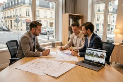 Courtier en crédit immobilier dans la Sarthe conseillant un client autour de documents immobiliers dans un bureau moderne