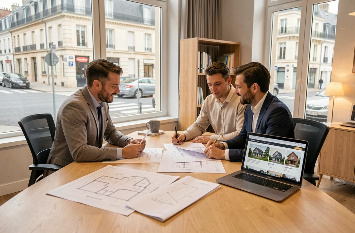 Courtier en crédit immobilier dans la Sarthe conseillant un client autour de documents immobiliers dans un bureau moderne