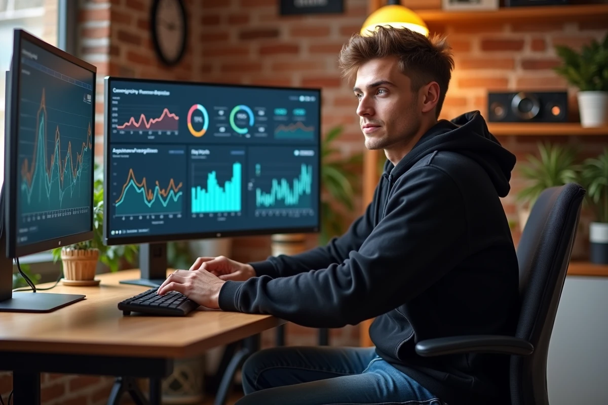 Jeune créateur de contenu YouTube analysant ses revenus et statistiques sur un écran dans un studio maison moderne