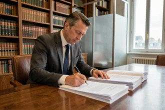Avocat financier examinant des documents réglementaires pour la création d'une SCPI dans un bureau parisien