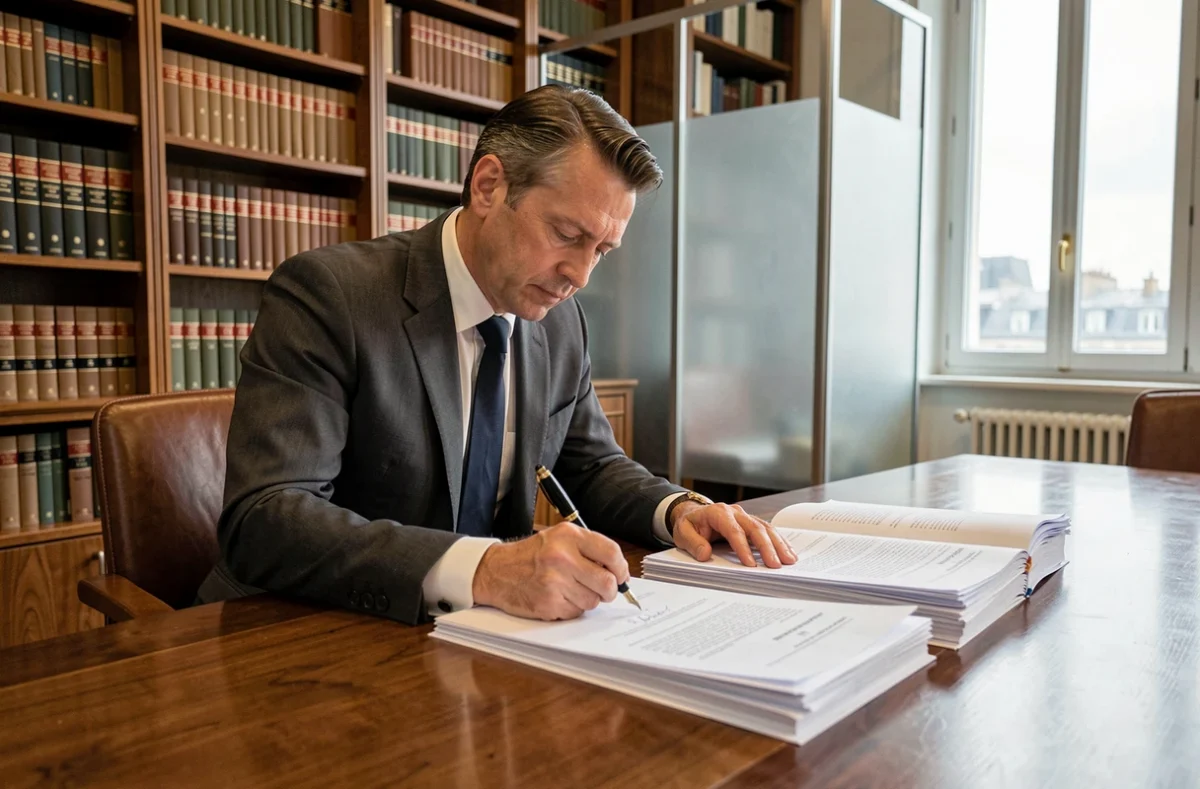 Avocat financier examinant des documents réglementaires pour la création d'une SCPI dans un bureau parisien
