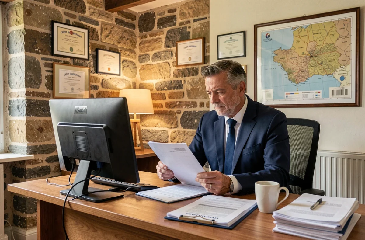 Conseiller de Crédit Indépendant Quimper analysant un dossier de prêt immobilier dans un bureau à l'architecture bretonne