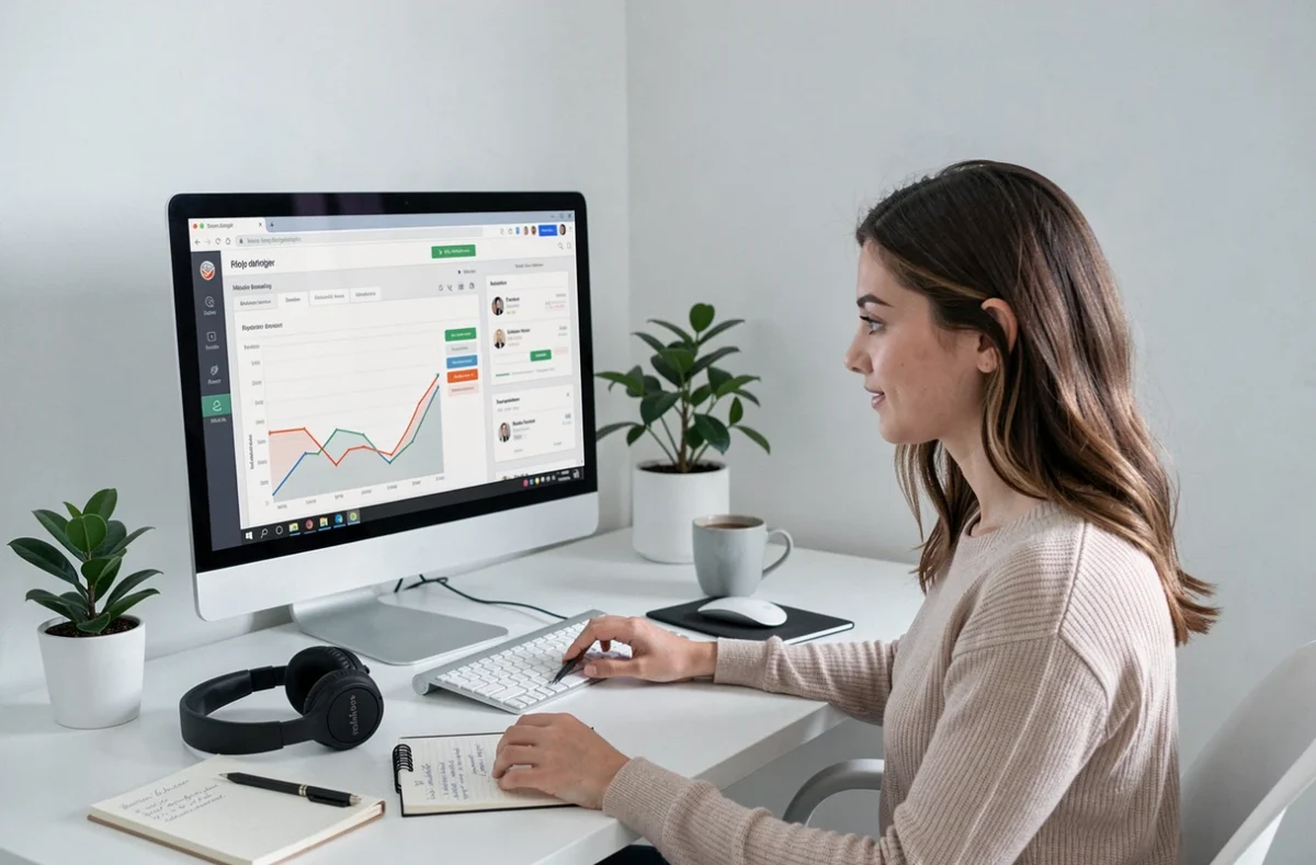 Courtière en ligne Crédixia travaillant depuis un bureau à domicile pour accompagner des clients de l'Ain dans leur projet de crédit immobilier