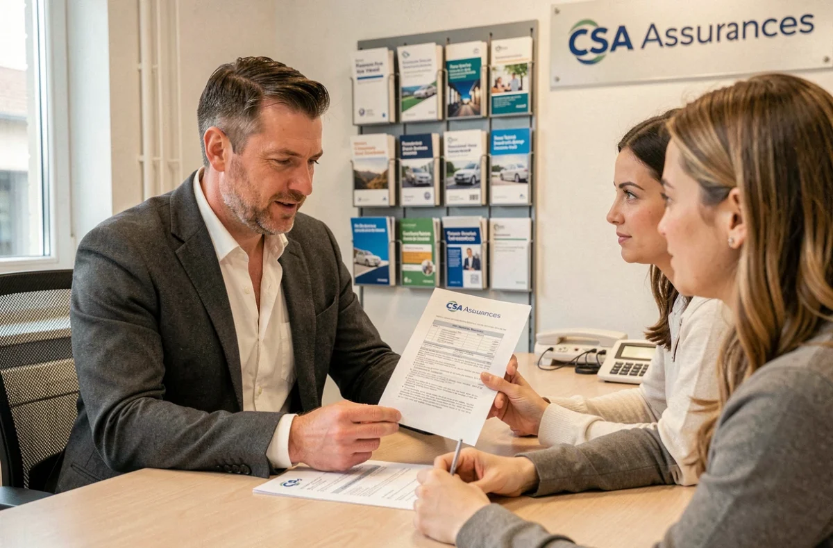Courtier CSA Assurances Le Mans expliquant une assurance emprunteur à un couple de clients