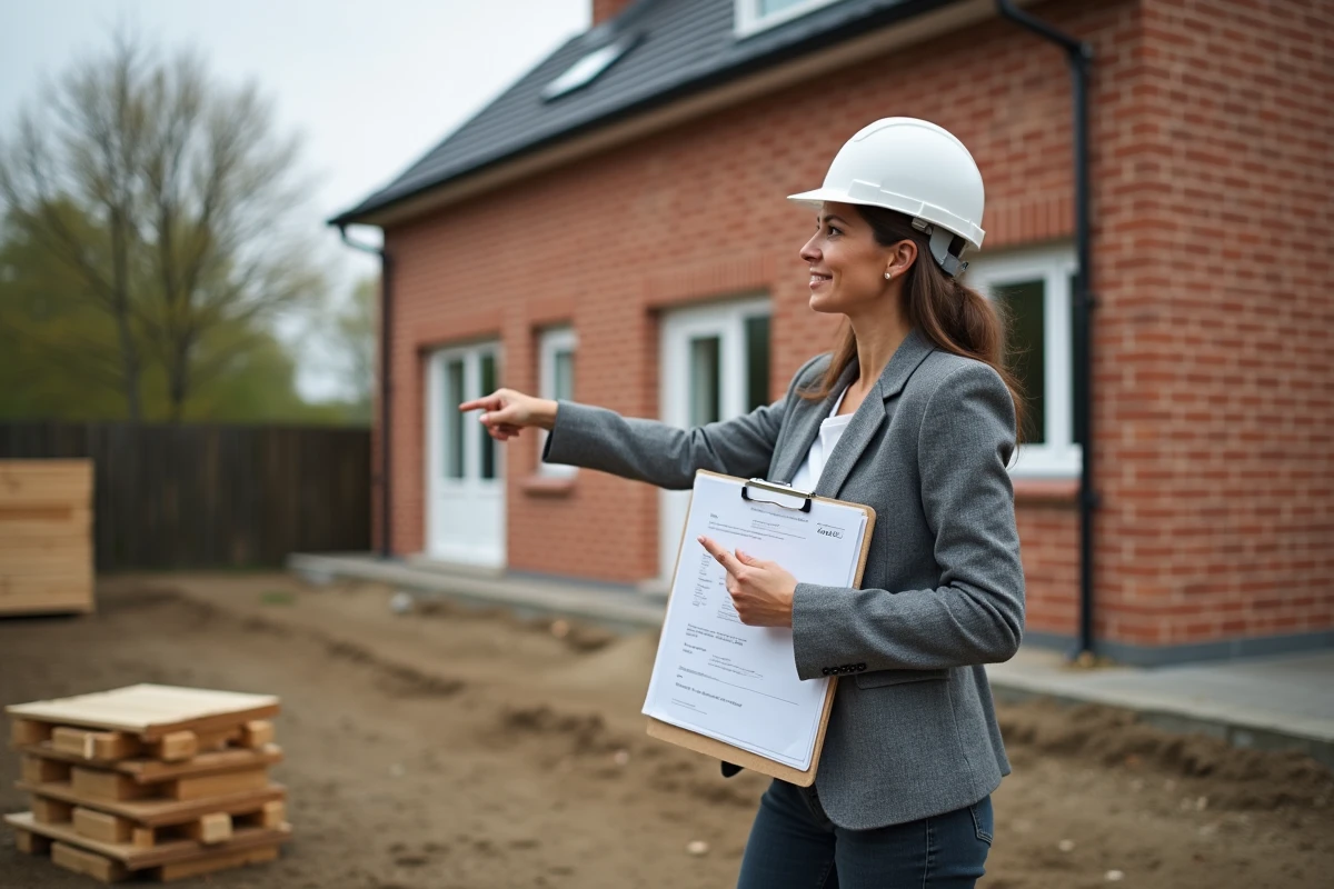 Femme tenant des formulaires administratifs devant une extension de maison en brique nouvellement construite