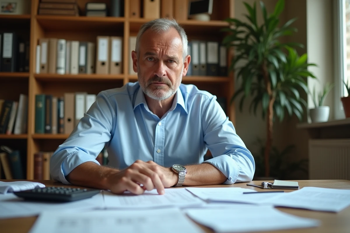 Propriétaire vérifiant des documents de taxe foncière et de revenus fonciers à son bureau à domicile