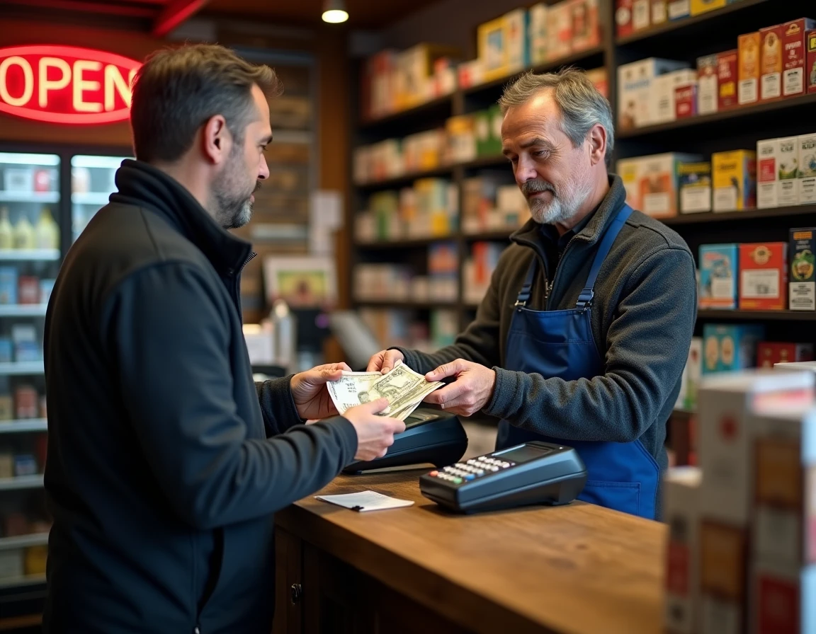 Homme effectuant un dépôt d'espèces sur son compte Nickel dans un bureau de tabac partenaire