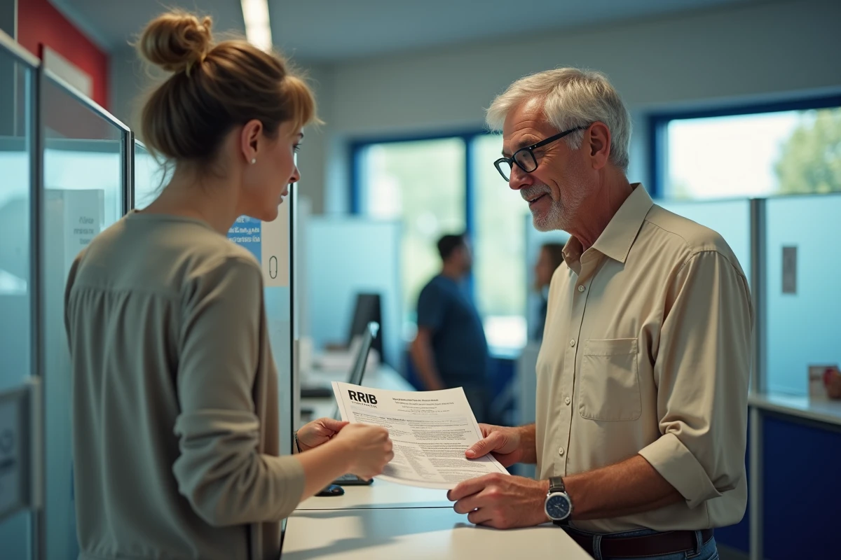 Homme remettant un RIB à un agent administratif pour mise à jour de ses allocations chômage ou RSA