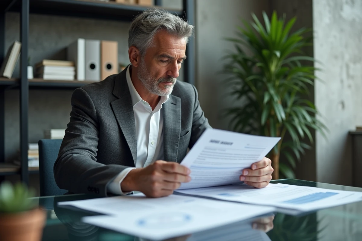 Chef d'entreprise analysant un contrat de financement alternatif auprès d'une association de finance commerciale