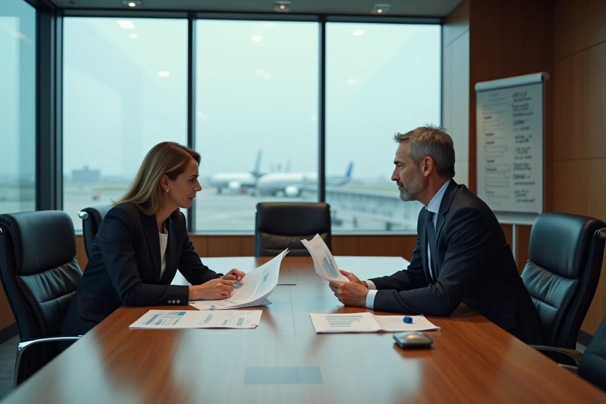 Deux dirigeants d'entreprise analysant des rapports financiers trimestriels en salle de réunion avec un avion commercial visible en arrière-plan, symbolisant les révisions d'objectifs Airbus 2026