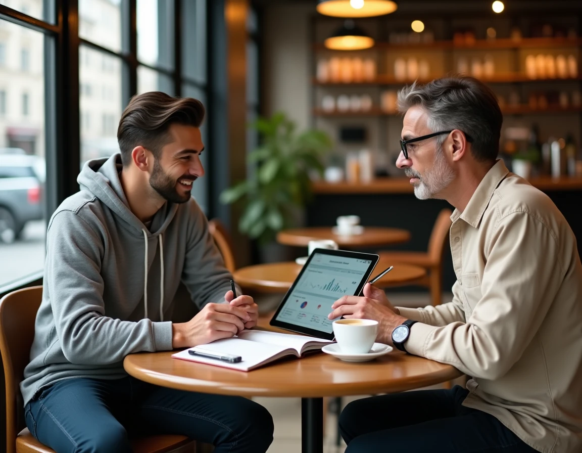 Deux hommes discutent de l'évaluation d'une startup autour d'une tablette dans un café parisien
