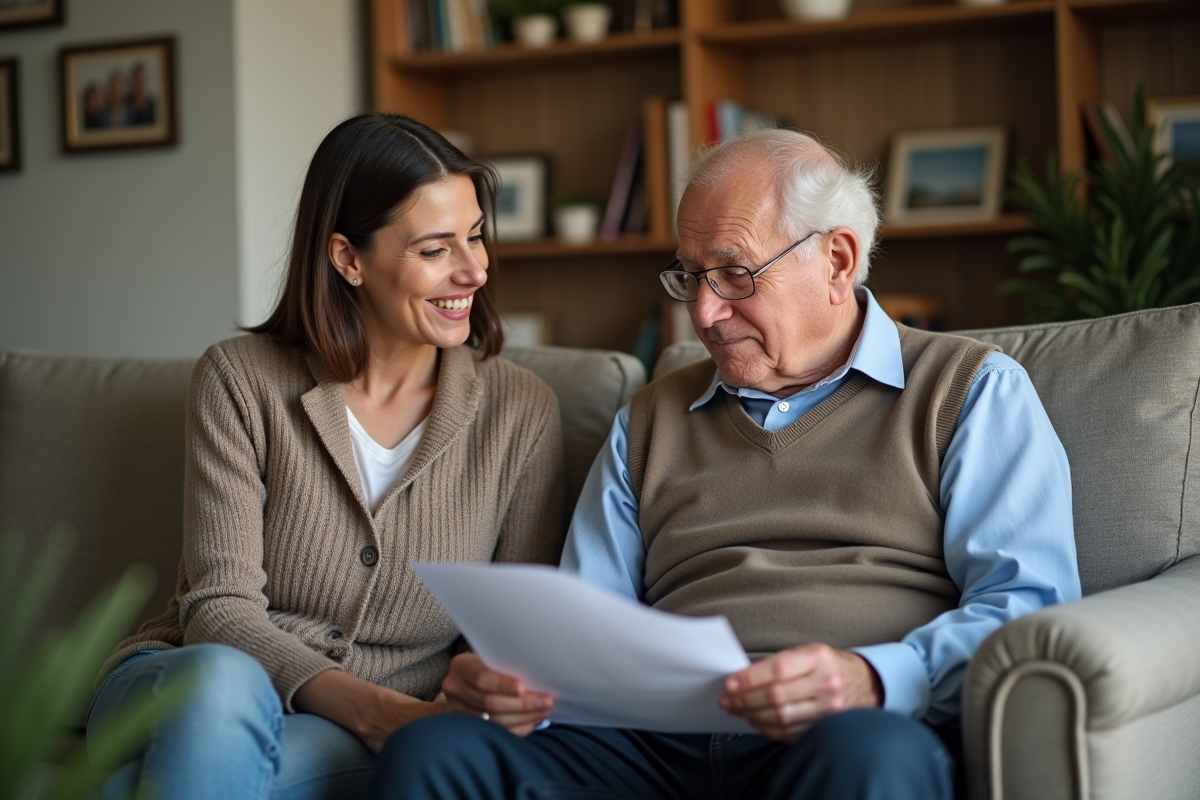 Pere et fille discutant de papiers dans le salon familial