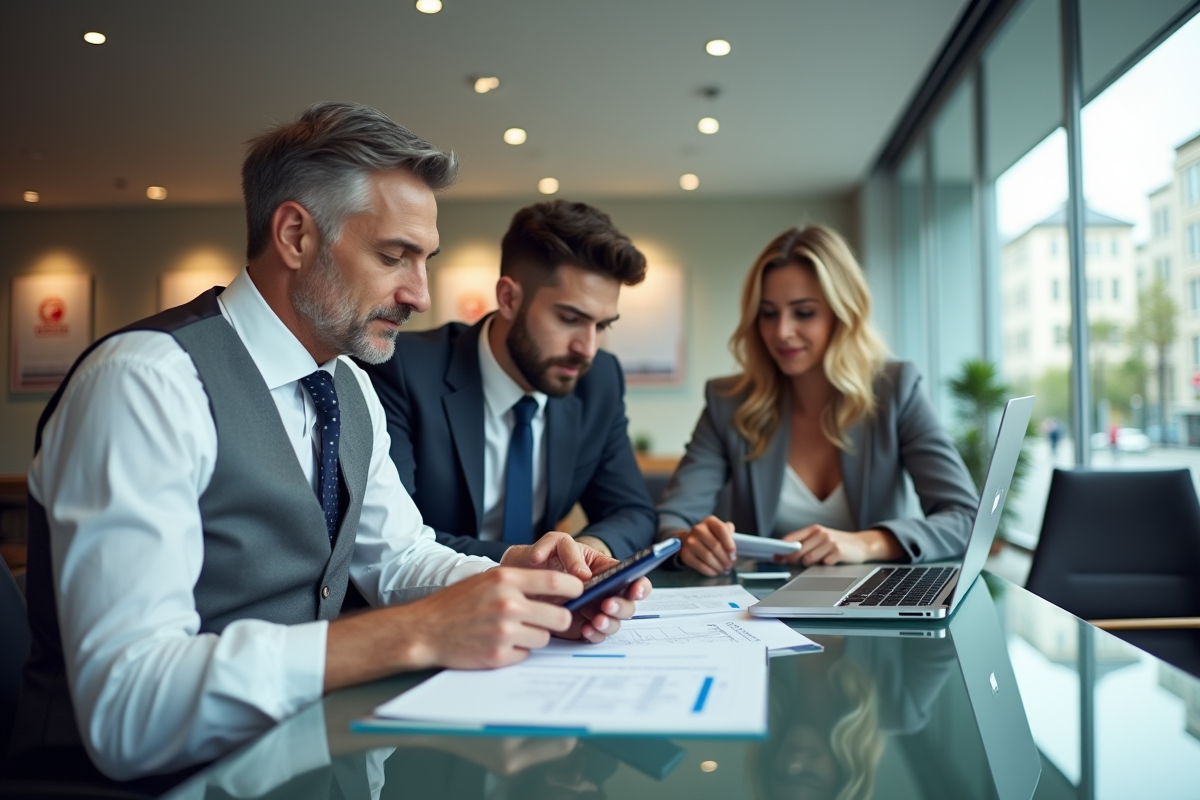 Homme et couple discutent de documents de pret immobilier