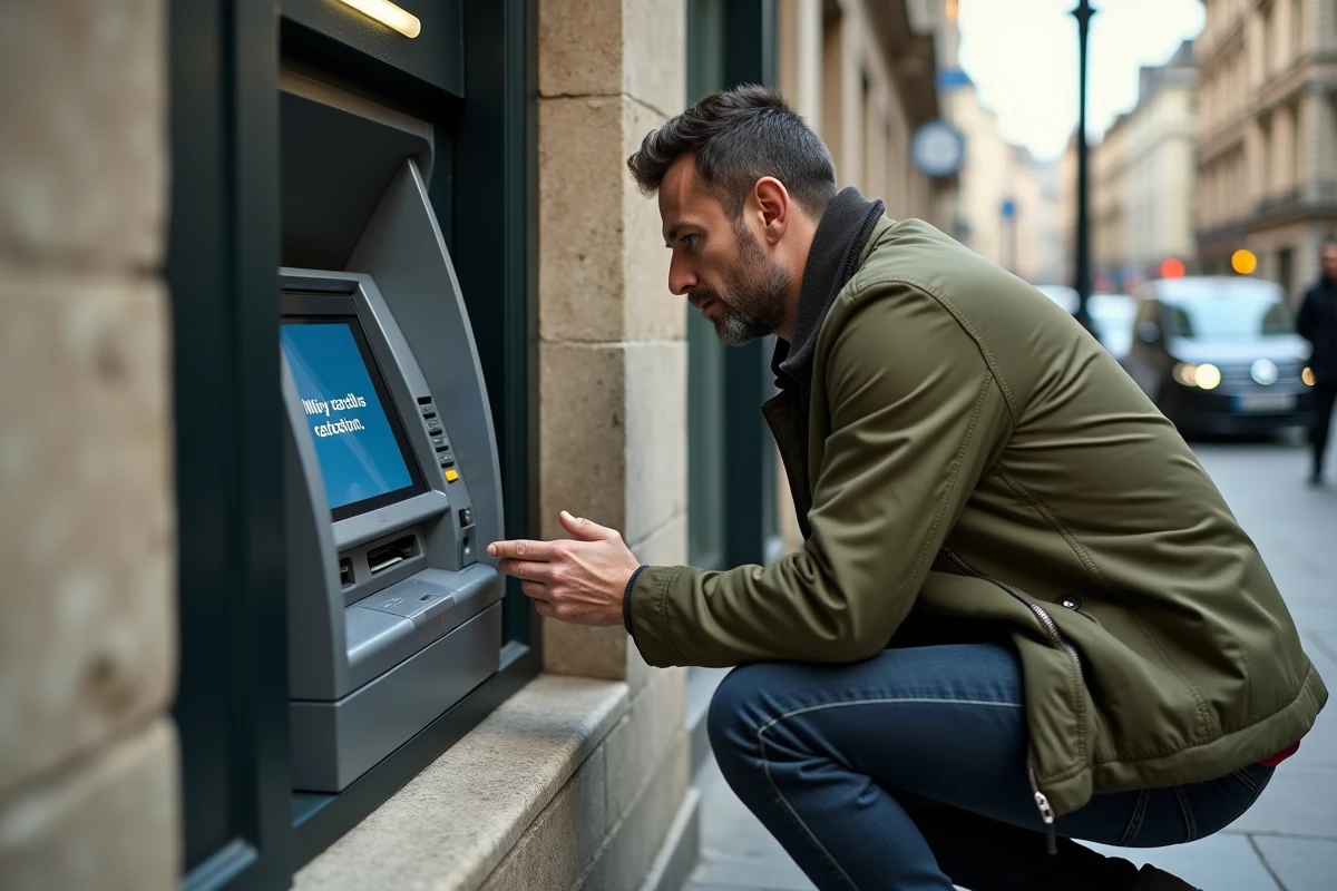 Homme face à un distributeur automatique ayant avalé sa carte bancaire en ville