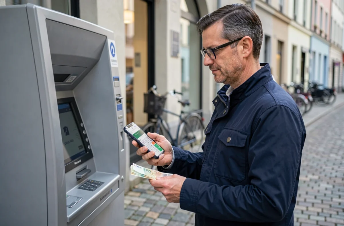 Homme consultant une application calculatrice de billets devant un distributeur automatique en ville