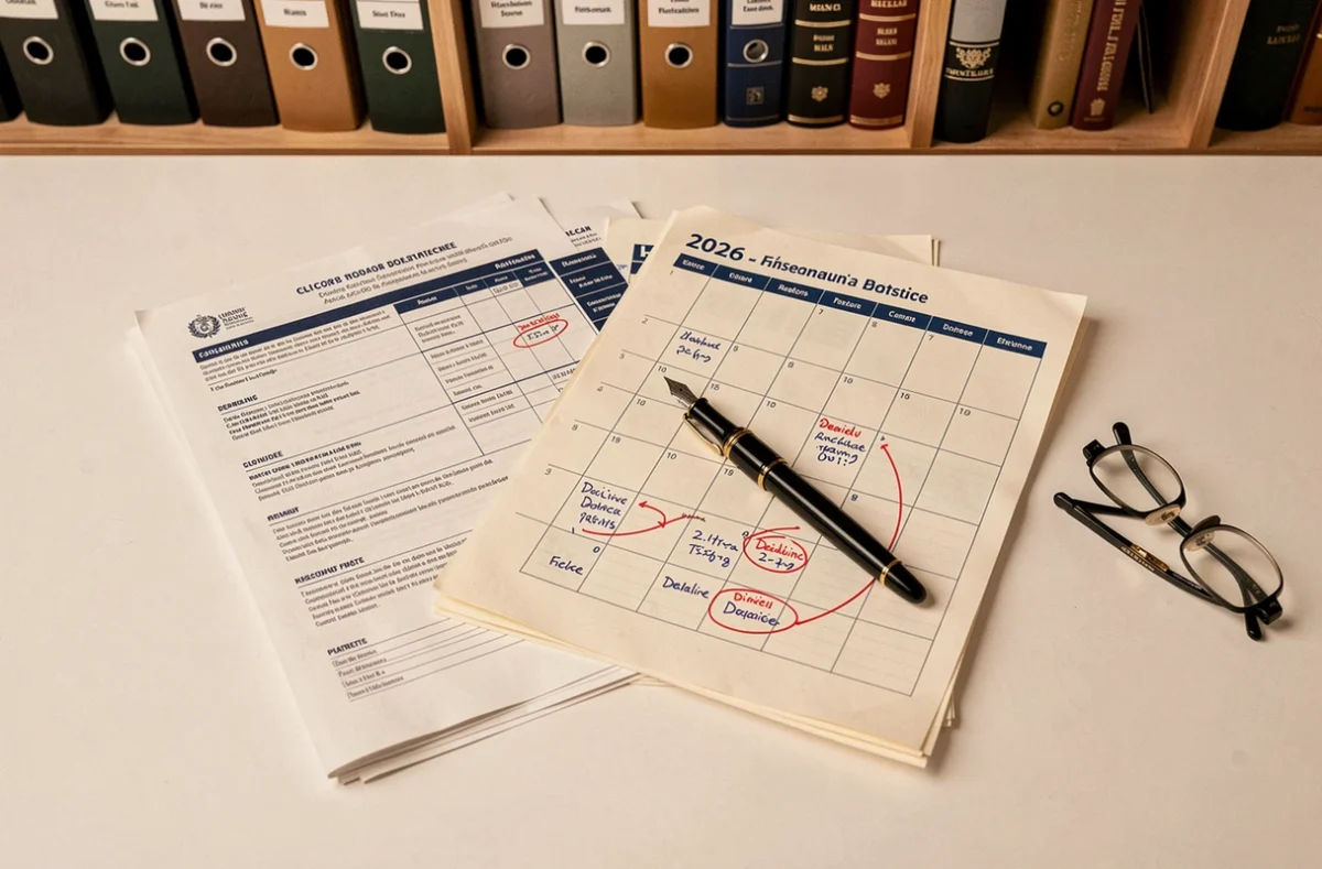 Documents de bilan comptable 2026 avec agenda et annotations manuscrites sur un bureau professionnel