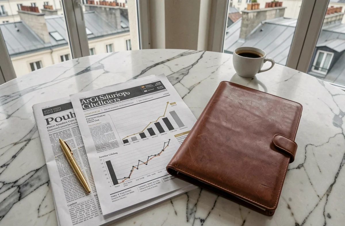 Documents financiers et journaux économiques sur table en marbre à Paris, illustrant le débat sur la fortune et le mythe médiatique