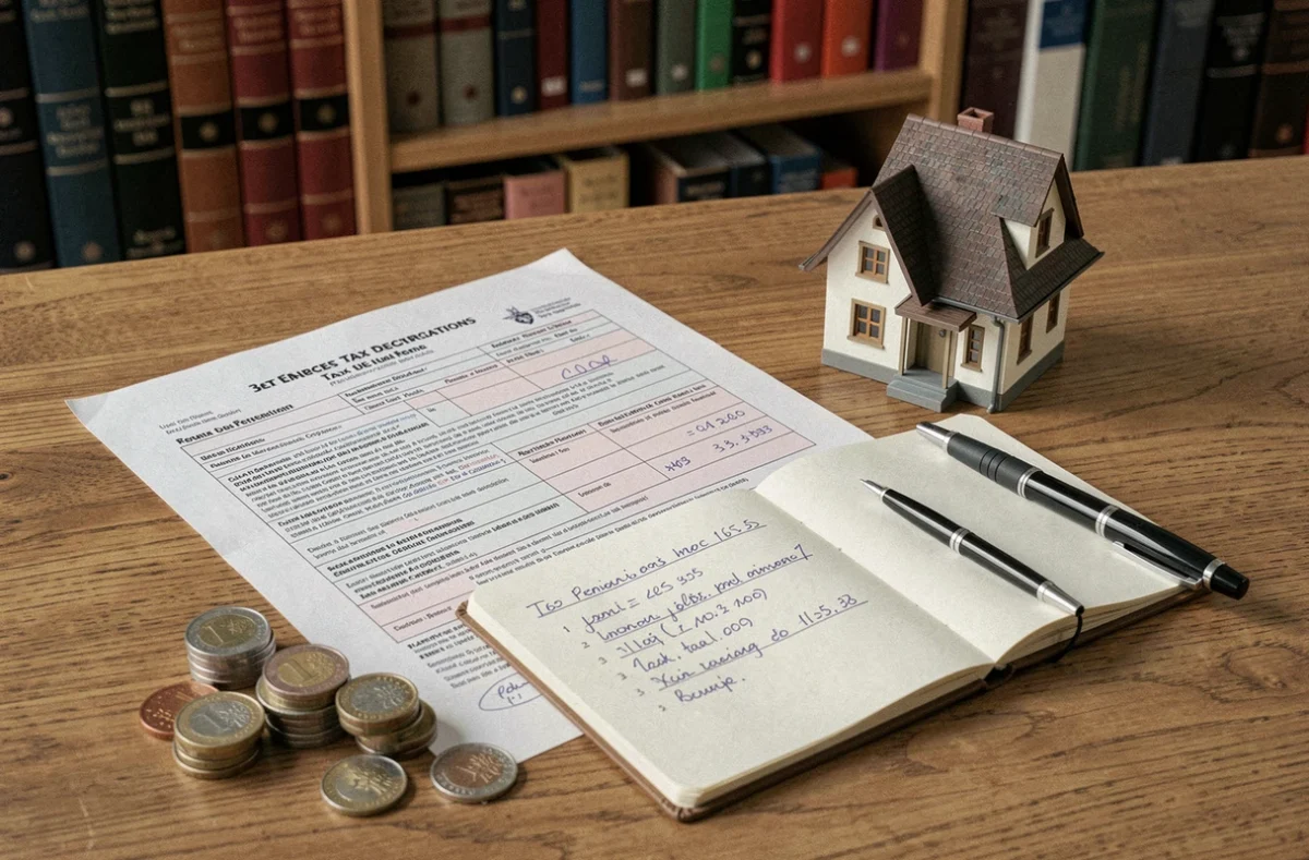 Documents fiscaux et symboles immobiliers représentant la déclaration de revenus SCPI