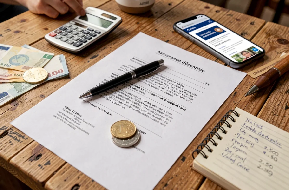Documents d'assurance décennale avec tarifs et devis posés sur une table en bois