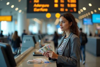 Femme échangeant des dirhams contre des euros au guichet de change d'un aéroport