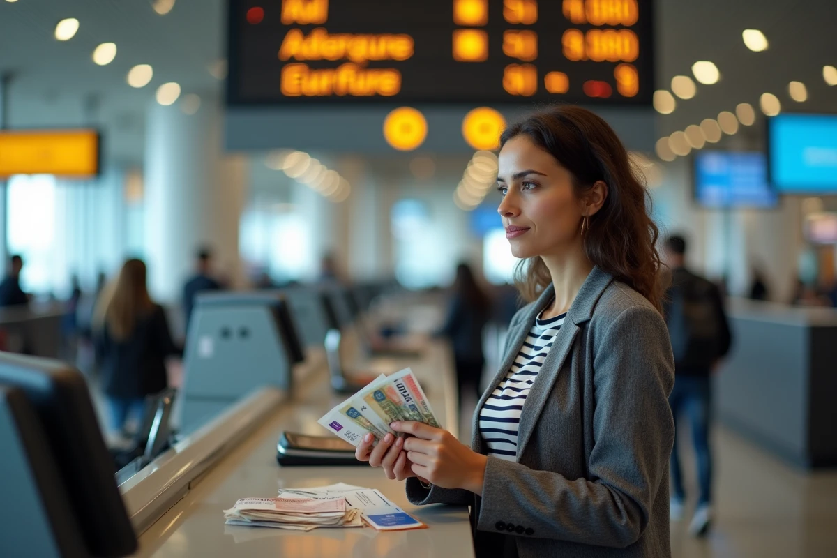 Femme échangeant des dirhams contre des euros au guichet de change d'un aéroport