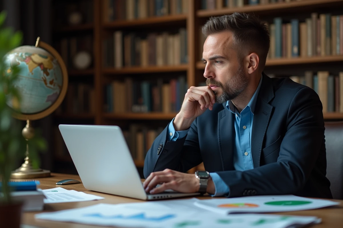 Economiste analysant des graphiques dans un bureau cosy