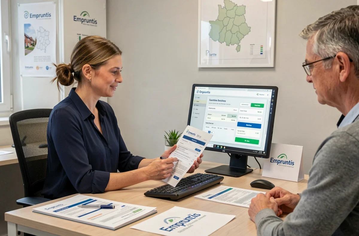 Conseillère Empruntis antenne Sarthe comparant des offres de prêt immobilier multi-banques avec des clients